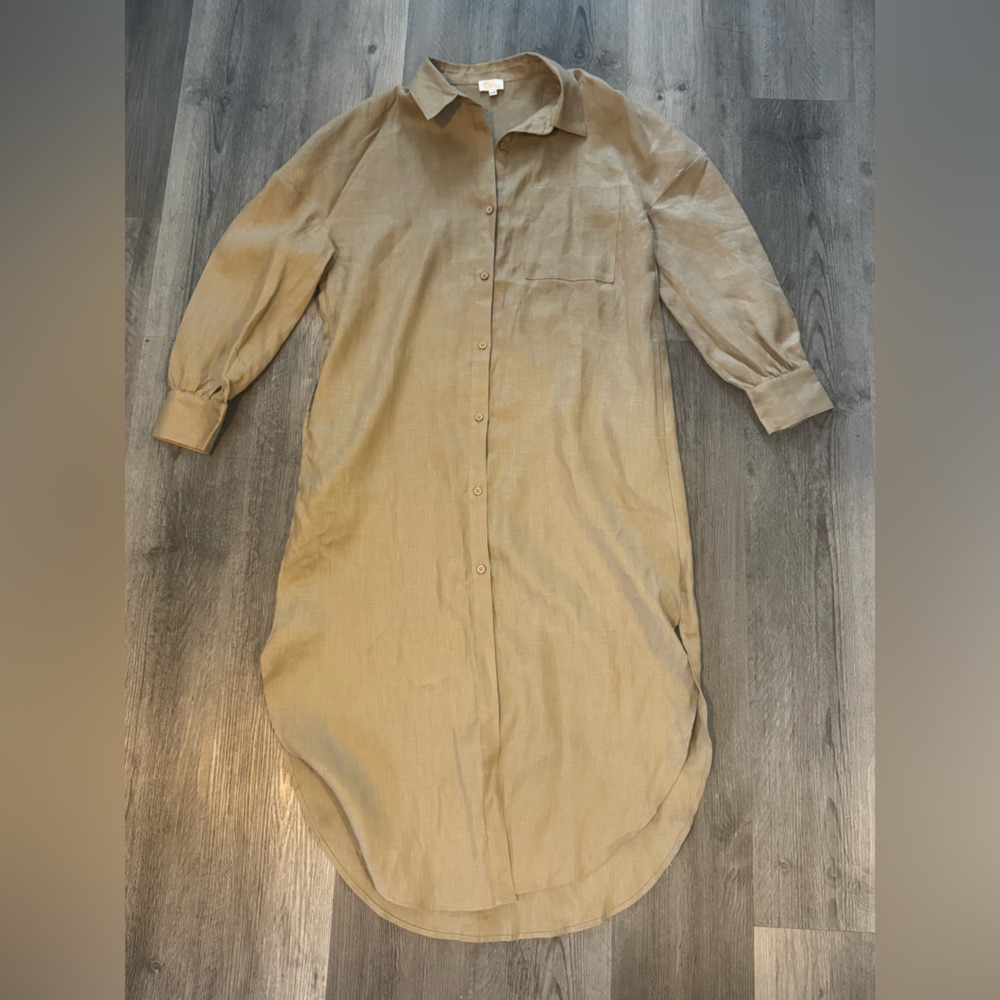 JODI MELISSA Khaki Linen Long Sleeve Maxi Dress with Pockets | Size XL / Fits L